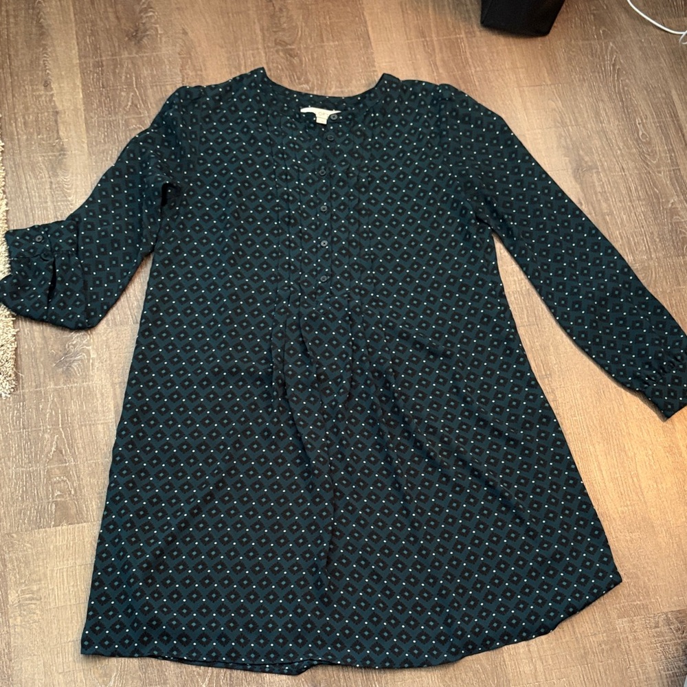 LOFT Dark Teal Patterned Long Sleeve Dress